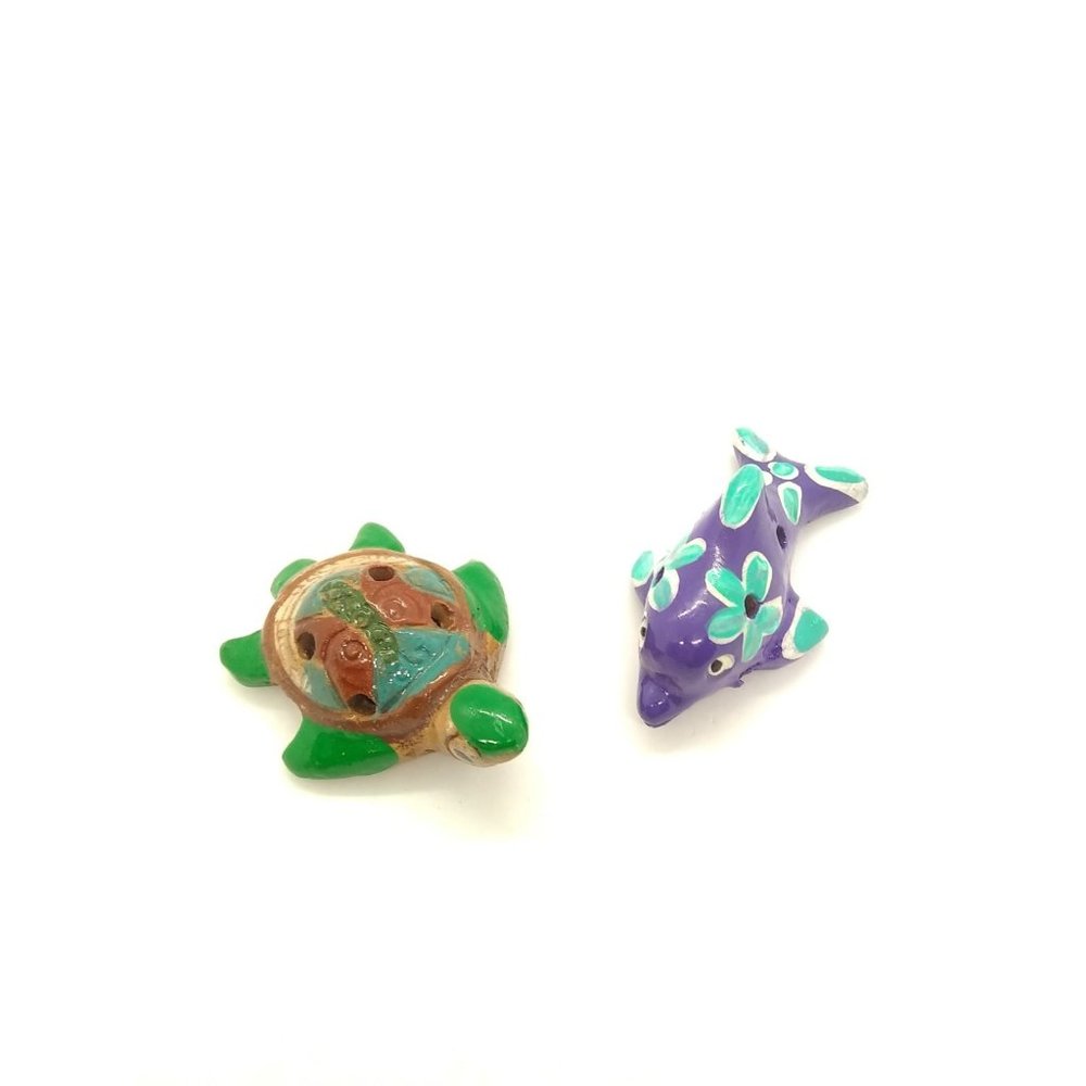 Two vtg Cabo S. Lucas  ocarina terracotta/clay flutes/ pendants dolphin & turtle